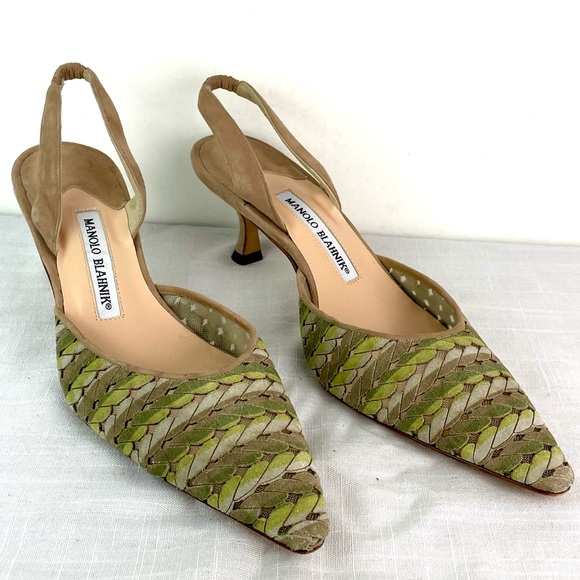 Manolo Blahnik Pointy Suede Pumps Size 39 Made in Italy Multi Shades of Greens - Picture 3 of 7